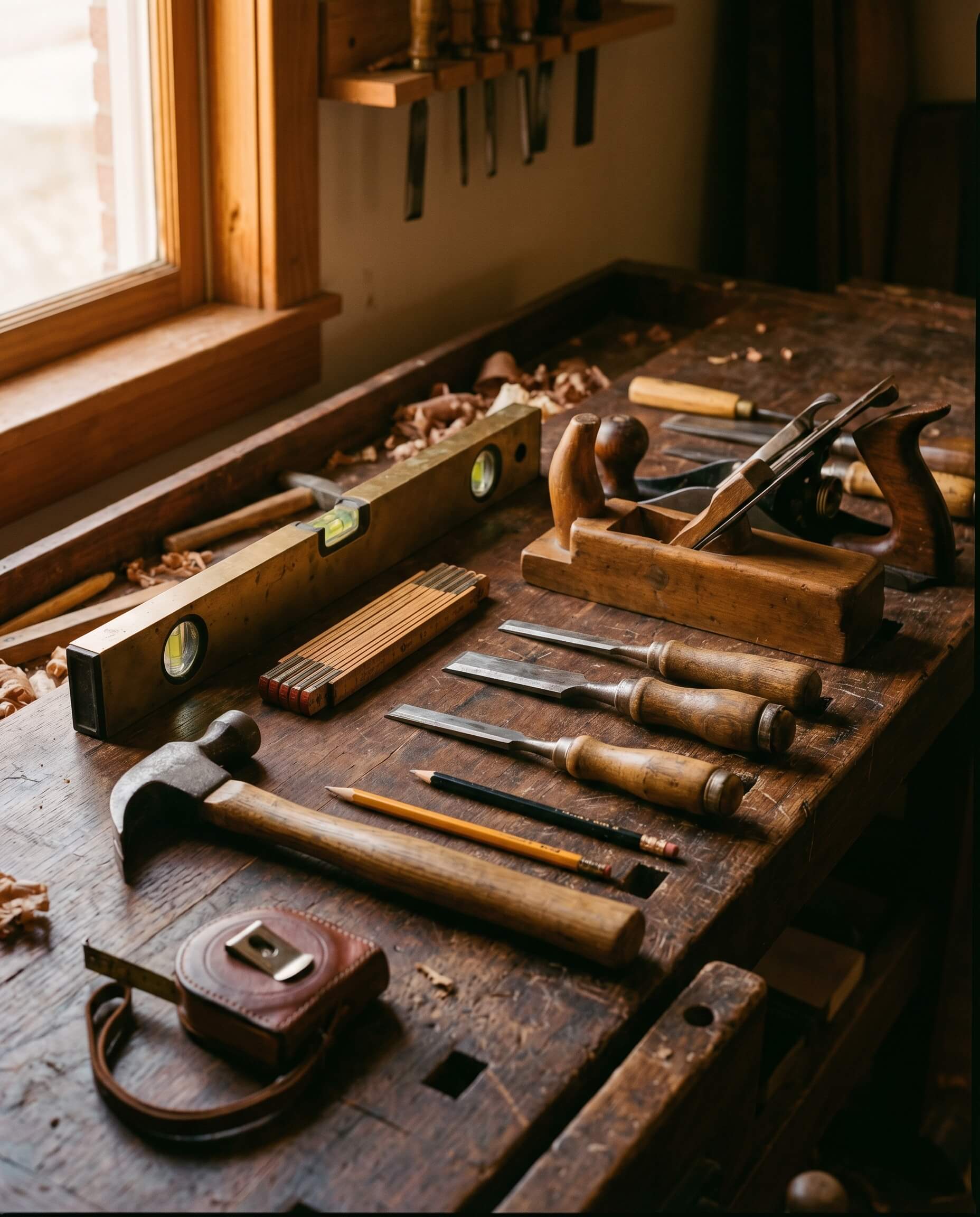 Craftsman tools on an oak workbench