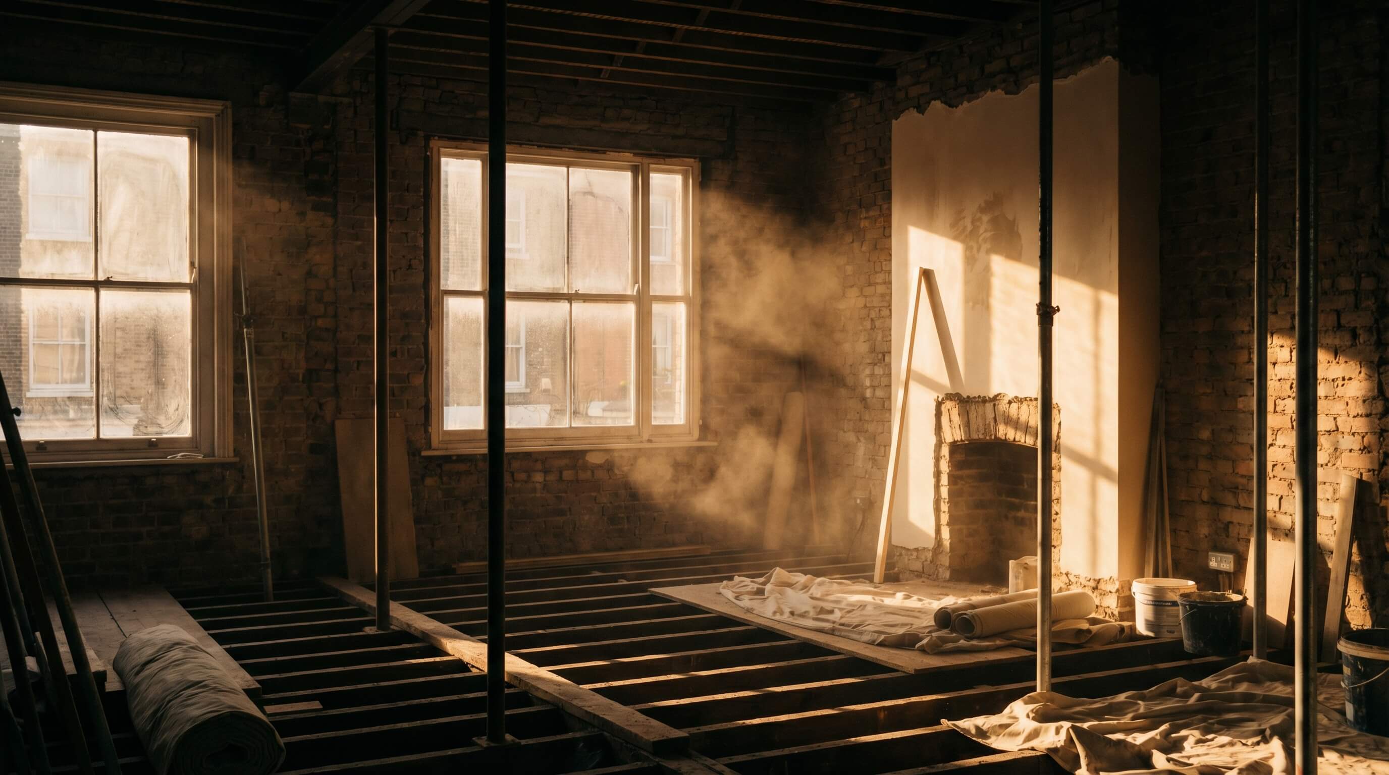 Victorian townhouse renovation in progress at golden hour